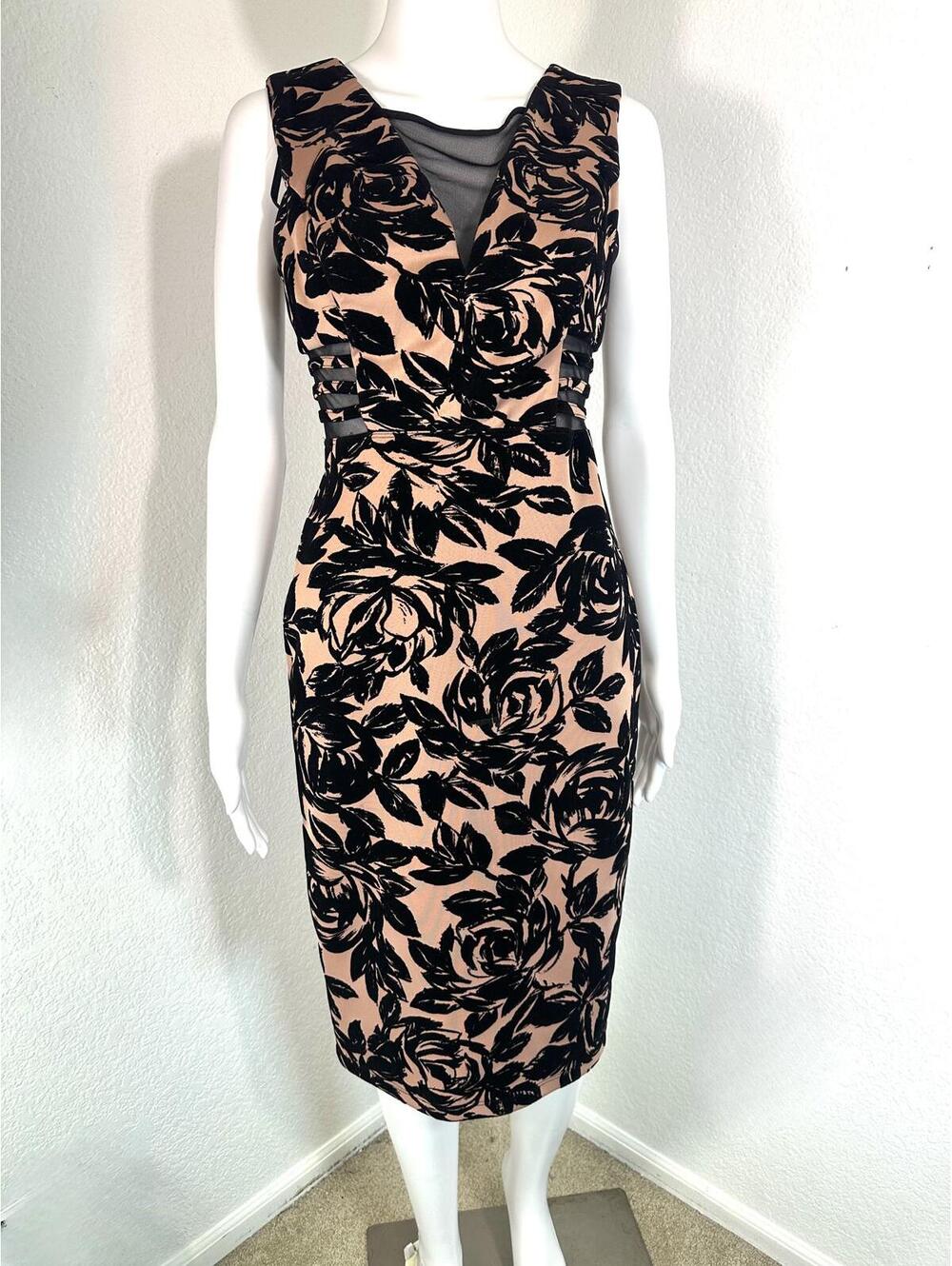 Women’s Sz 4 En Focus Pink Black Floral Velvet Cutout Midi Dress Whimsigoth